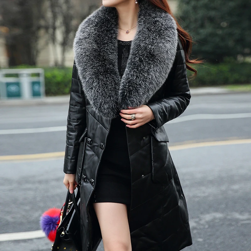 

2019 High Quality Natural Fox Fur Collar Down Winter Jacket Women European Style Slim Genuine Leather Jacket Women Coat WUJ0656