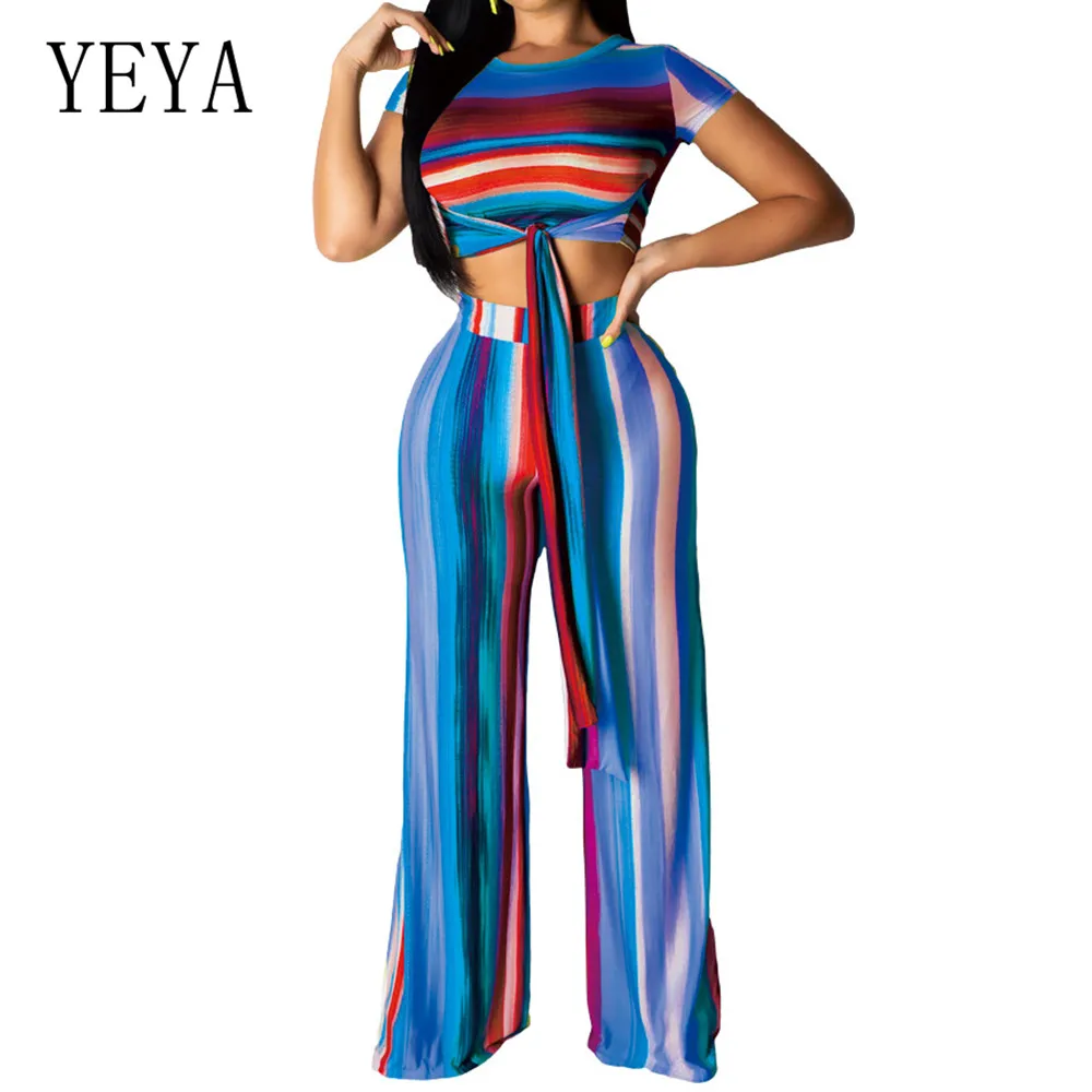 YEYA New Style Retro Striped Jumpsuits with Belt 2 Piece Sets O-neck Lace Up Top and Loose Pants Summer Casual Combinaison Femme YEYA New Style Retro Striped Jumpsuits with Belt 2 Piece Sets O-neck Lace Up Top and Loose Pants Summer Casual Combinaison Femme