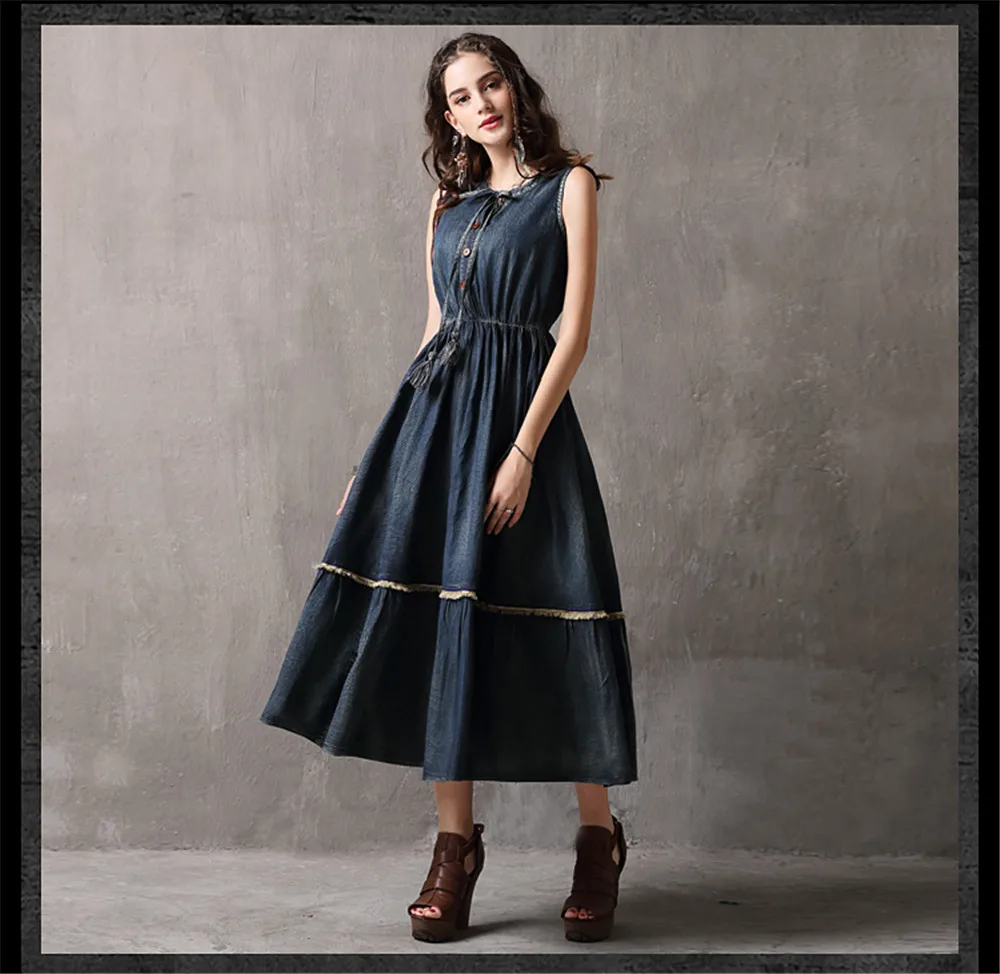 Vintage Summer Tank Dress 2018 Casual High Waist Denim Vestidos O-Neck Swing Hem A-line Elegant Sundress Dress Female K82106 (12)