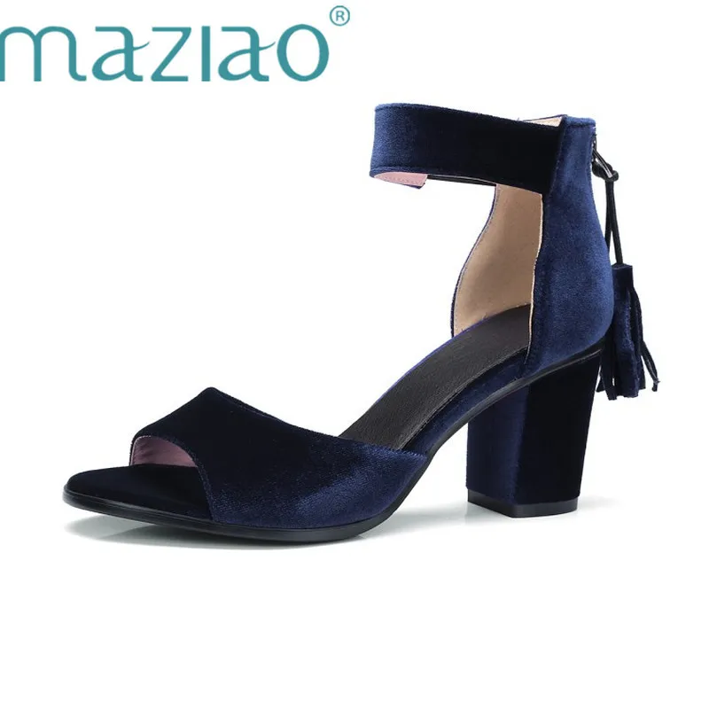 

MAZIAO Elegant Women Flock Chunky Heel Ankle Strap Sandals Fashion Fringe Party Summer Shoes with Back Zipper Plus Size 33-43