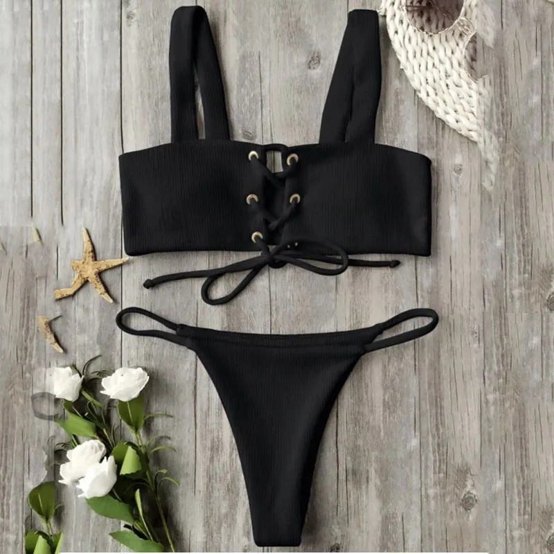 

Two Piece Swimwear Lace Up Bikini Sets String Bikini Bottoms Low Waist Beach Play Suits Straps Shoulder Padded Bra Swimsuits