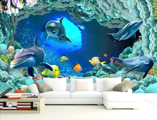 

Waterproof Self-adhesive Wall Stickers TV Backdrop Wall Mural Hotel Living Room Wallpaper Decal Ocean Sea Dolphin