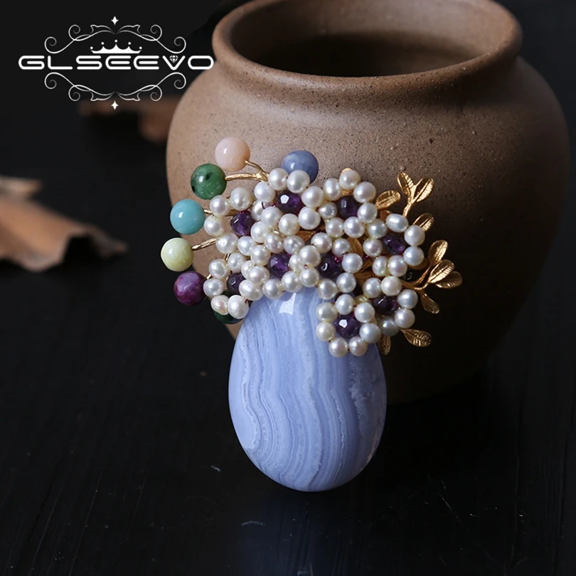 

GLSEEVO Natural Fresh Water Pearl Brooch Pin Ablue Lace Agate Brooches For Women Dual Use Fine Designer Jewelry Luxury GO0225