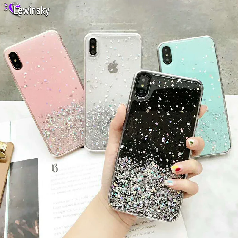 

Fashion Glitter Bling Sequins Case For iphone 8 7 Plus 6 6s Epoxy Star Transparent Case For iphone X XR XS MAX 10 Soft TPU Cover