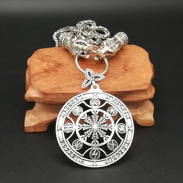 Прямая поставка, Волчья Голова, Руна, Vegvisir, Aegishjalmur, Коловрат, РУСЬ, смола, спириуал, кулон, ожерелье, Викинг - Окраска металла: necklace without box