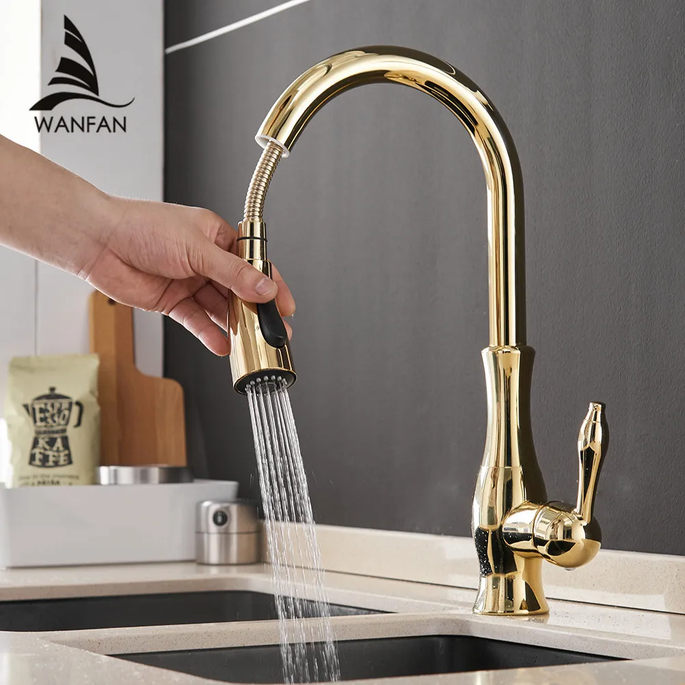  Gold Kitchen Faucets Silver Single Handle Pull Out Kitchen Tap Single Hole Handle Swivel Degree Wat - 32890939726