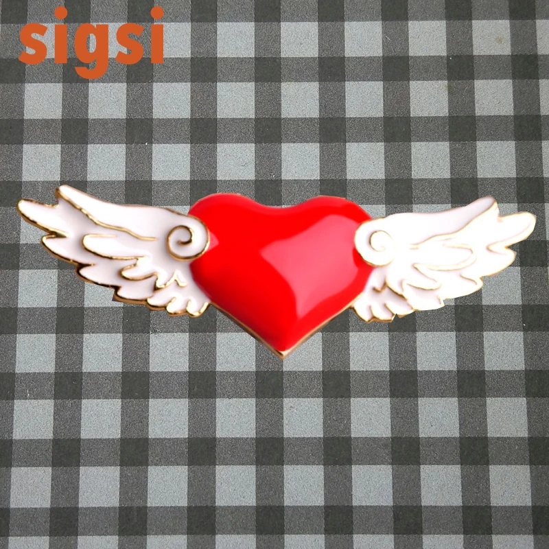 

50pcs/hot selling high quality 50mm fancy enamel cute angel wing with red heart osplay Korea brooch pin/gift/party/wedding