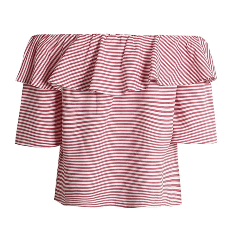 Ahmagen Sexy Off Shoulder Ruffle Striped Blouse Shirt Women Tops Summer 2017 Slash Neck Short Sleeve Blouses Blusas Plus Size08