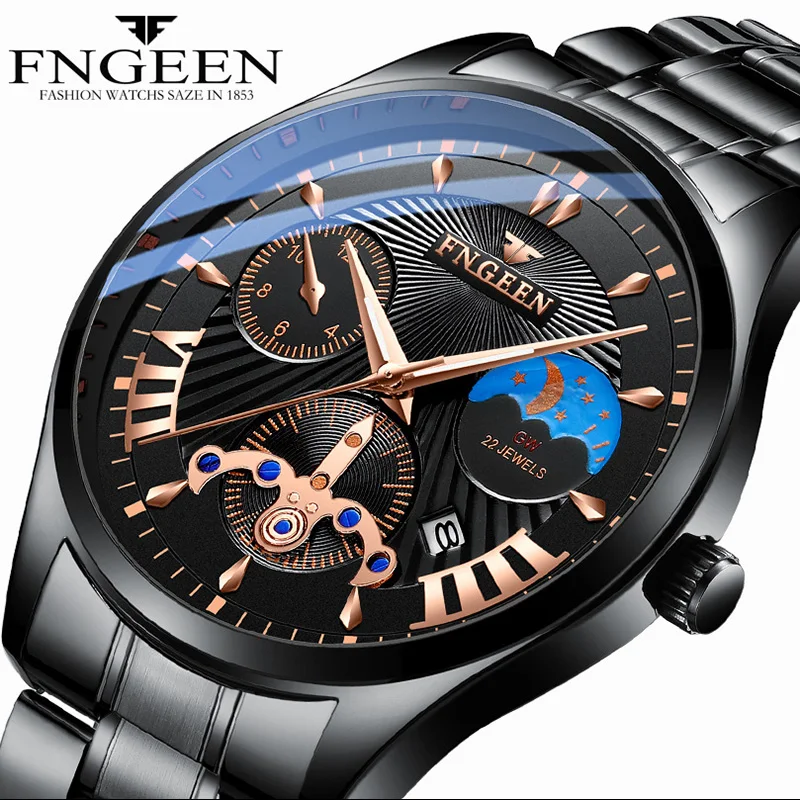 

FNGEEN Watch Men Black Stainess Steel Waterproof Quartz Wrist Watches Male Clock Date Calendar zegarek damski montre femme 5606