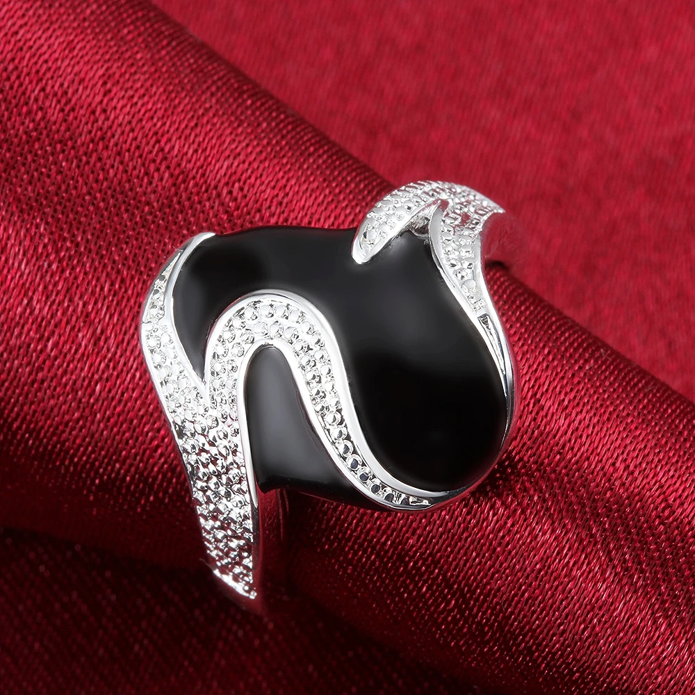 Мужское и женское посеребренное кольцо Anillos Lotus на палец с овальной черной эмалью