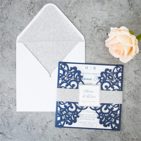  CA0688 Vintage Navy Blue Laser Cutting Wedding Invitations with Glitter Belly Bands - 1964657255