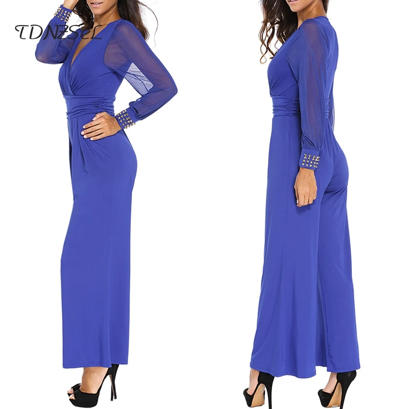 Overalls Women Mesh Black High Waist V Bodysuit Long Rompers Deep Rivet Loose Solid Patchwork Casual blue Wide Jumpsuits Sleeve Summer burgundy Leg fUx5qdwU
