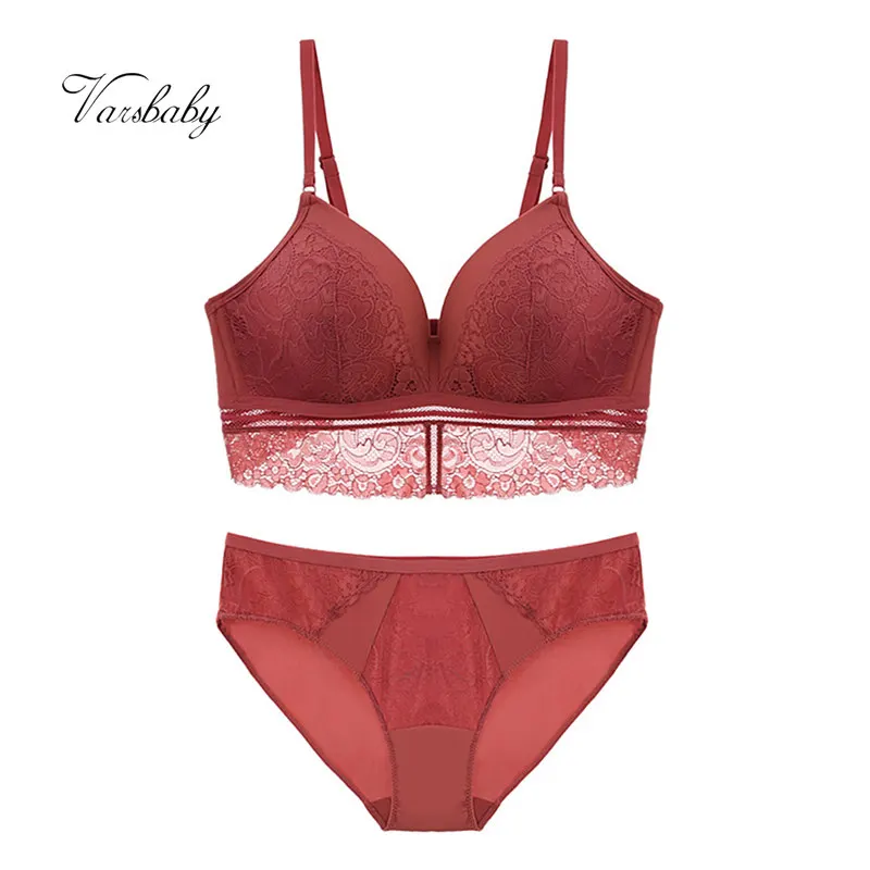 

Varsbaby sexy lace wire free underwear set seamless push up lingerie set thin 3/4 cup bra set