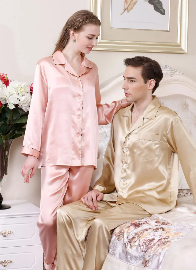 100 Natural Silk Couples Pajamas Top and Bottom Set For Women Size M L