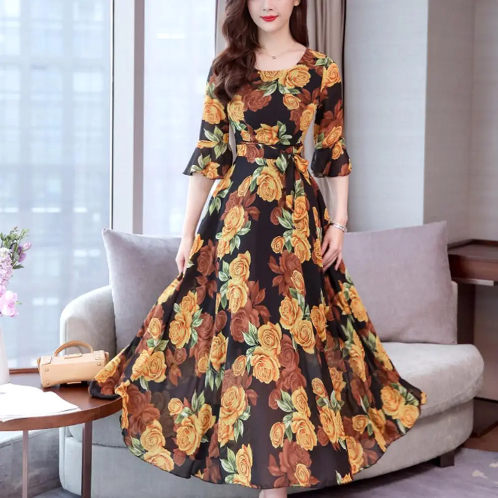 

New Women Boho Floral Print Maxi Dress Summer Dress 2019 Casual Half Sleeve Long Dress O-neck Bandage Elegant Dresses Vestido