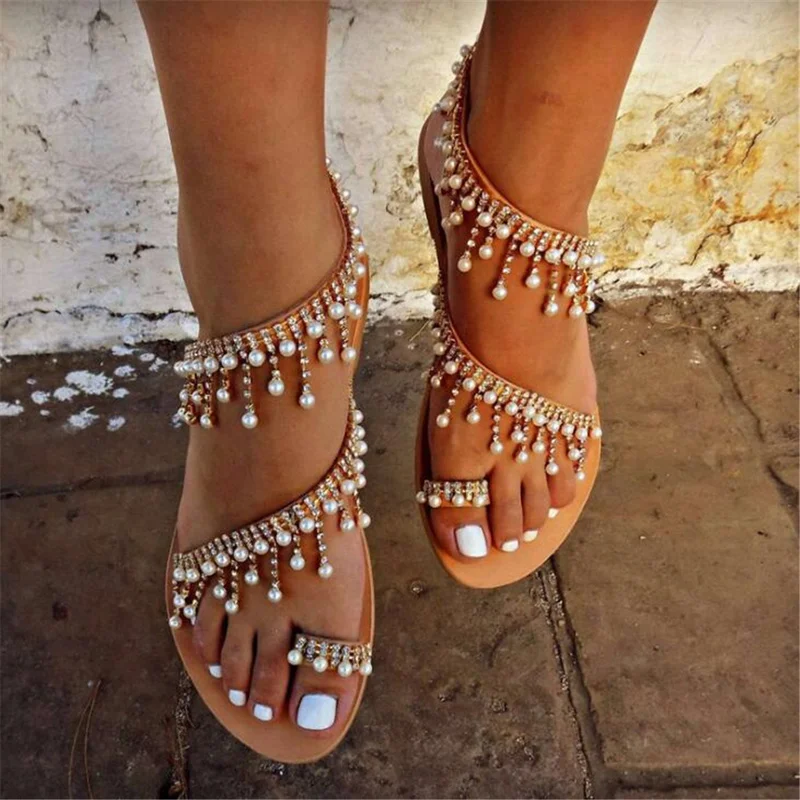 

Women sandals summer flat pearl sandals flip flops rome shoes string bead slippers mujer gladiator sandalias sapatos femininos