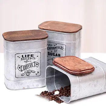 

Tinplate + Wooden Vintage Metal Square Candy Trinket Tin Storage Box with Wooden Cover Cans Coffee Tea Seasoning Jewelry Case