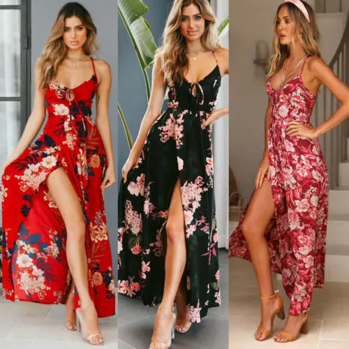 

Hot Ladies Summer Boho Long Maxi Dress Party Cocktail Pretty Floral Black Red Sleeveless Beach Sundress