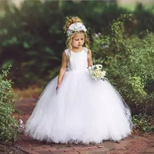 Белое элегантное платье для девочек в цветочек платья из тюля, платье без рукавов для свадьбы, торжественная одежда для девочек, бальное платье, платье для первого причастия, детский выпускной вечер, вечерние платья