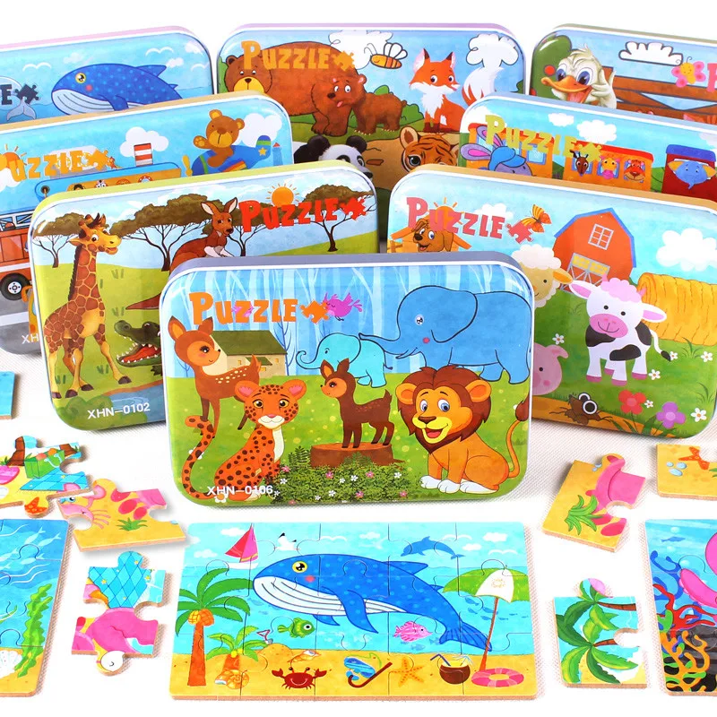 

Baby Toys 4 in 1 Iron box Puzzle Jigsaw Wooden Toys Cartoon Animals Traffic Puzzles Tangram Kids Educational Toy for Children