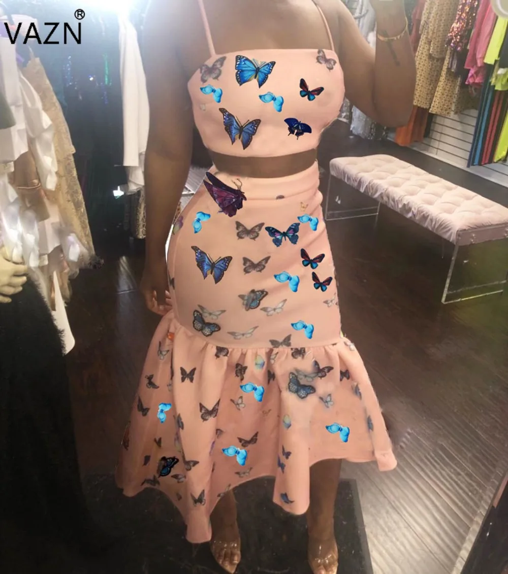 

VAZN 2019 New Arrive Famous Sexy Women 2 Pieces Print Sets Lady Strapless Sleeveless Tops Long Skirts Skinny Dress OMY5093