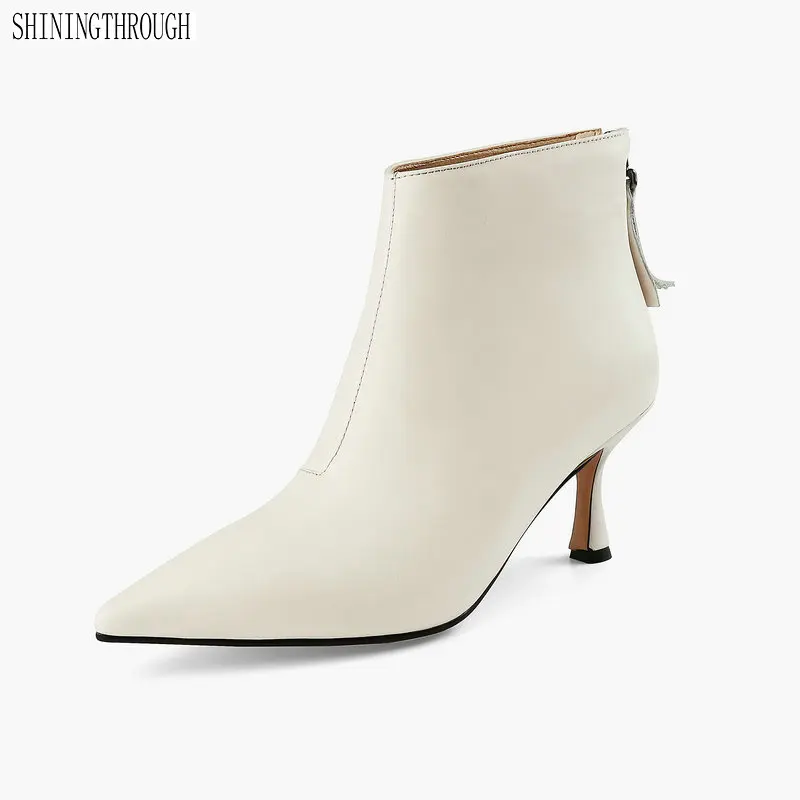 

New Women Ankle Boots Pointed Toe Genuine Leather High Heels Shoes back zipper Autumn Winter Warm Shoes Woman size 41 42 43
