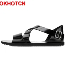 Кожаные сандалии для мужчин; Новинка года; летние мужские римские сандалии; нескользящая пляжная обувь; сандалии-гладиаторы с открытым носком; стильная повседневная обувь с пряжкой
