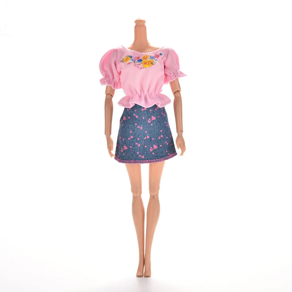 

1set Mini Princess Pink T Shirt and Blue Denim Skirt for Dolls Summer Short Sleeve Flower Print Doll Clothes Set