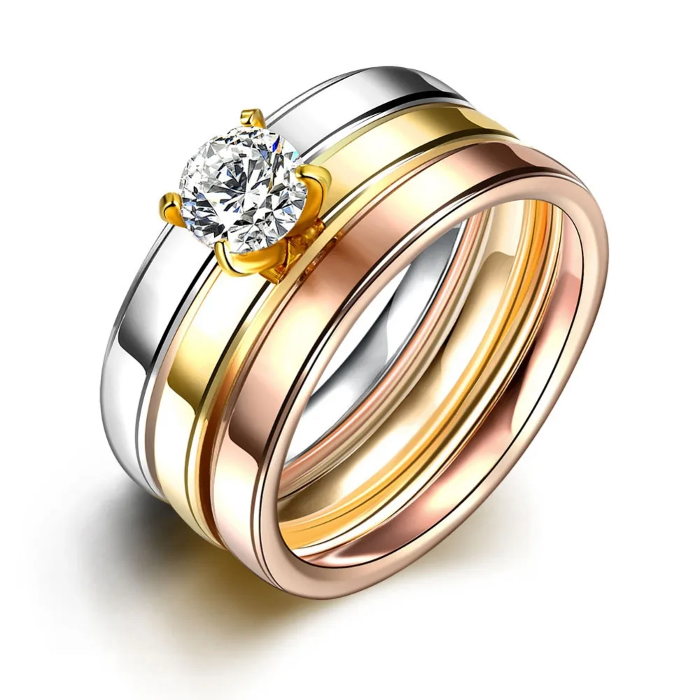 

R032 2016 New Top Quality Titanium European Big zircon Smooth Three Color Circles Stone Titanium Steel Women Men's Ring