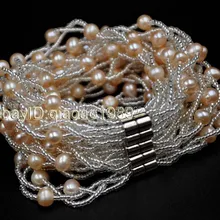 10 Кол-во 3 линии подлинный пресноводный жемчуг браслет