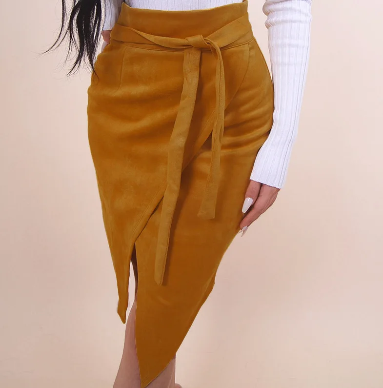 

Vintage Suede Leather Skirt Women Asymmetrical Slit 2019 Spring Skirt Elegant Sashes Back Zip Knee Skirts 3 Colors