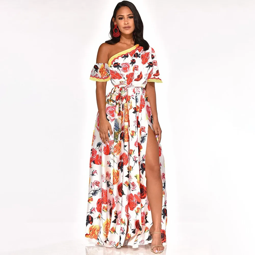2019 Summer African Elegant Long Dresses Yellow Floral Lace Up Print
