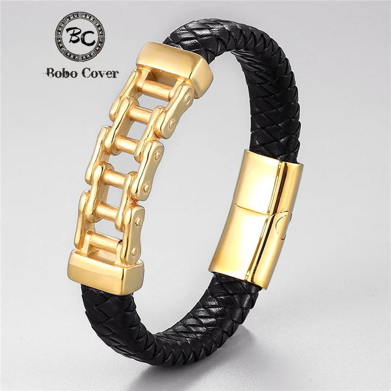 

Hip Hop Bike Chain Charm Bracelets For Men Stainless Steel Gold Bicycle Chain Genuine Leather Bracelet homme Rock Jewelry Gifts