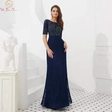 2019 Navy Blue Evening Dresses O-Neck Short Sleeves Mermaid Party Long Gowns Luxury Handmade Beading Lace Formal Vestido De Gala 2019 Navy Blue Evening Dresses O-Neck Short Sleeves Mermaid Party Long Gowns Luxury Handmade Beading Lace Formal Vestido De Gala