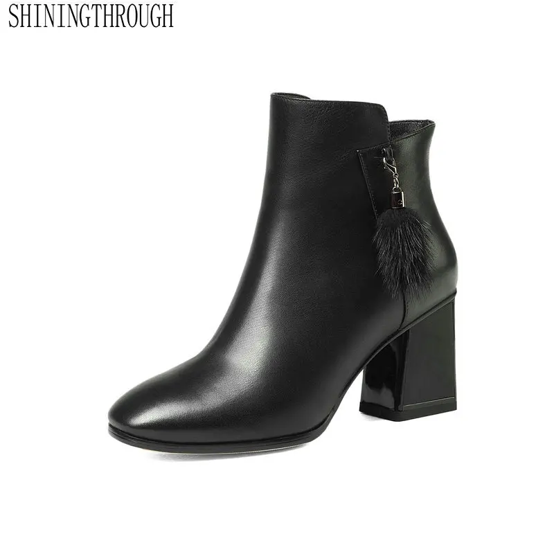 

Fashion Women Ankle Boots Spring Autumn Warm Genuine Leather High Heels Shoes Woman Square Toe Zipper Office Ladies Shoe