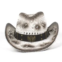 Женская мужская соломенная открытая западная ковбойская шляпа с модным поясом в западном стиле Cowgirl Jazz Sombrero Hat размер 56-58 см