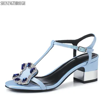 

2018 new style women sandals genuine leather open toe dress shoes big size 33-42 crystal buckle high heels shoes