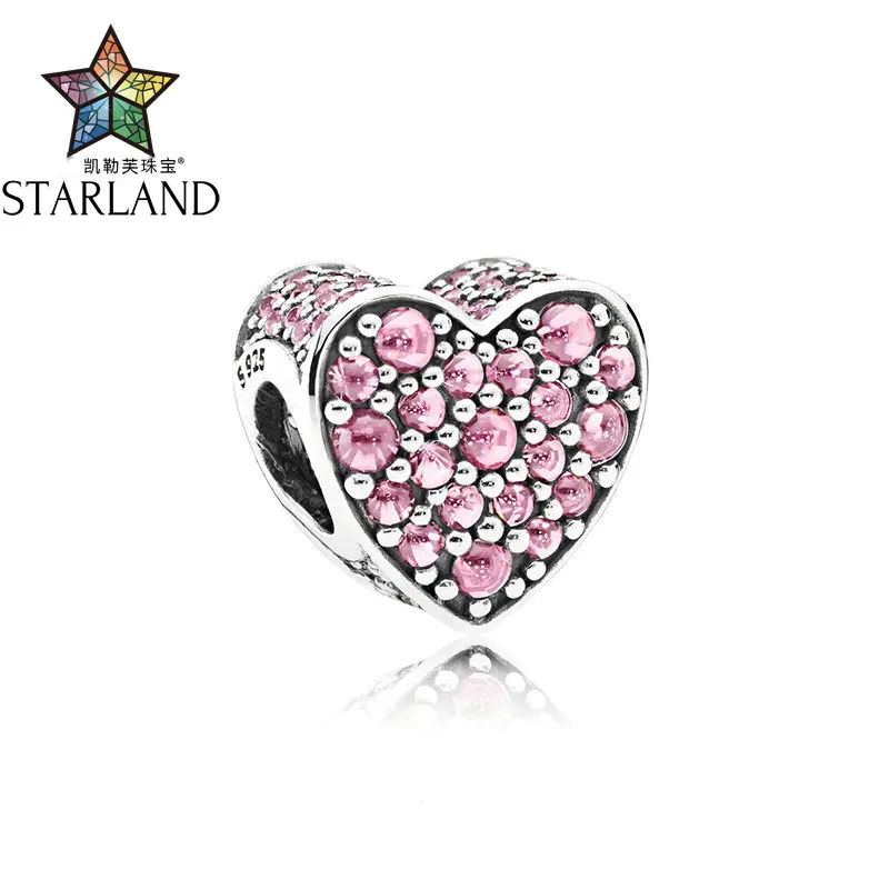 

Starland Fine Detail 925 Sterling Silver Pave Setting Heart Shape Charm Pink Clear CZ Beads Fits Original Bracelets DIY Jewelry