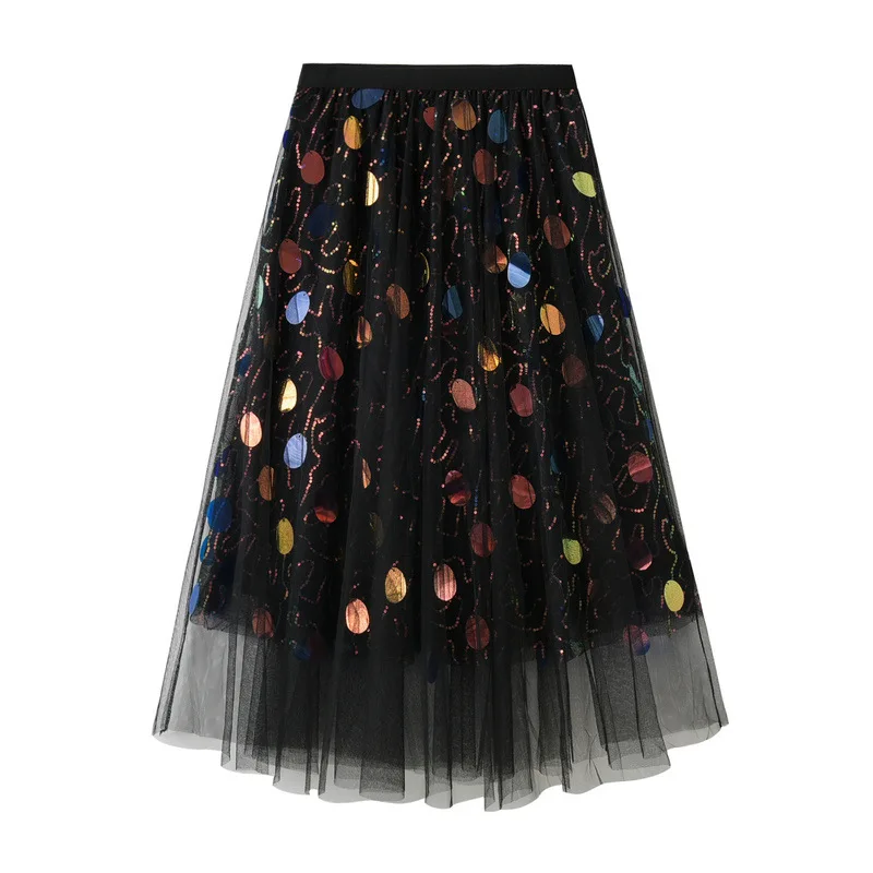 

summer Sequin tulle fashion midi a-line skirt for women white black pink beige womens skirts ladies saia saias faldas falda