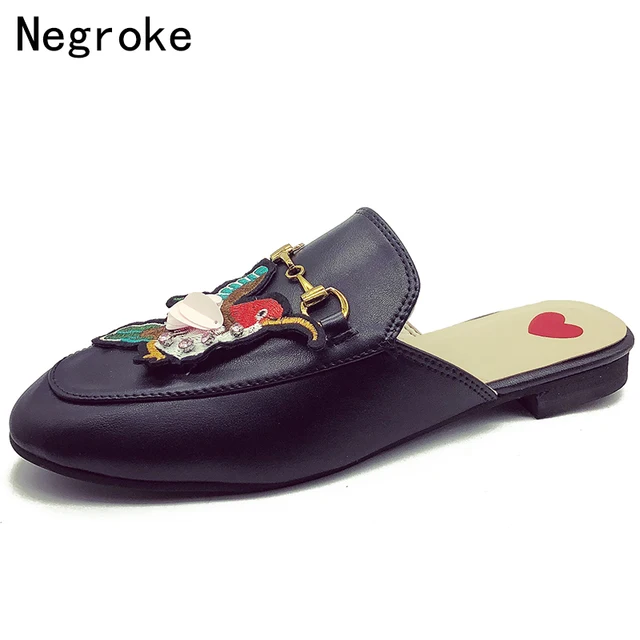 Summer Retro Leather Slippers Women Applique Mules Horsebit Loafers Slip On Flat Sandals Black Ladies Shoes Woman Zapatos Mujer