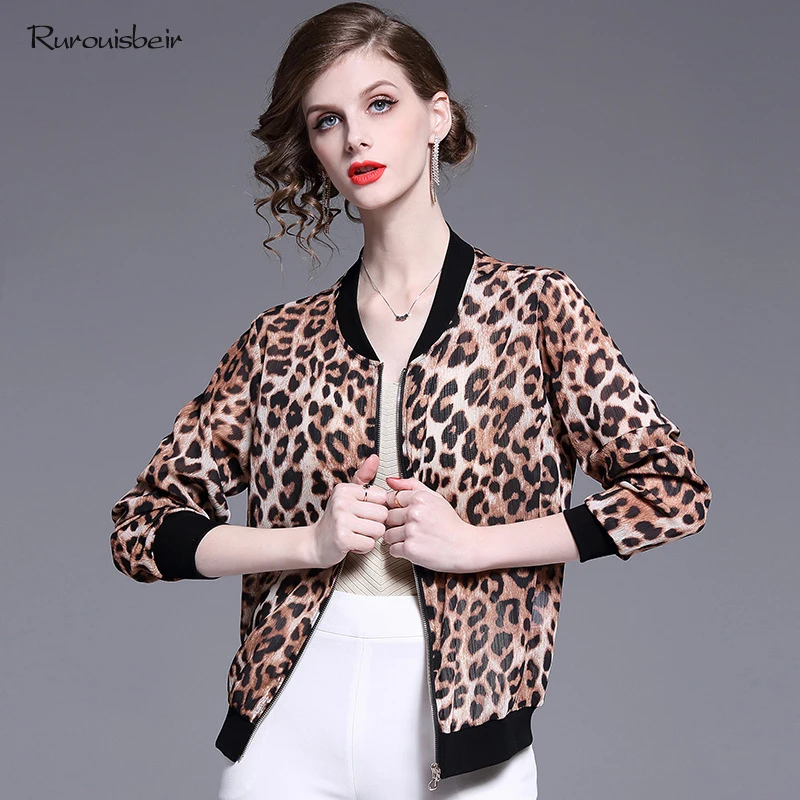 

Casual Leopard Print Loose Cardigan Coat Jacket Women Spring and Summer Long Sleeve Outwear Chiffon Baseball Uniform Thin Coat