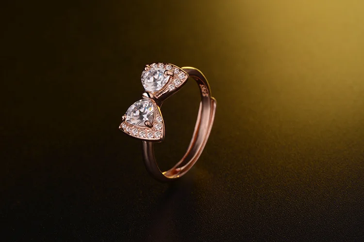 Камни со стразами 925 серебряные серьги-банты с кольцо с регулируемым размером Большой Циркон покрытие розовым золотом кольцо-бантик для Для женщин с украшением в виде кристаллов Свадебные кольца