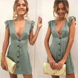 Nuojin рябить летнее платье Sexy Глубокий V шеи и пуговицы Vestido тонкий эластичный приталенное платье Для женщин зеленый шик Платья для вечеринок