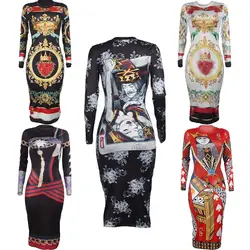 SUNGIFT африканская Дашики платья для женщин мягкая эластичная ткань с длинным рукавом покер лицо печати платья Летняя мода ужин юбка