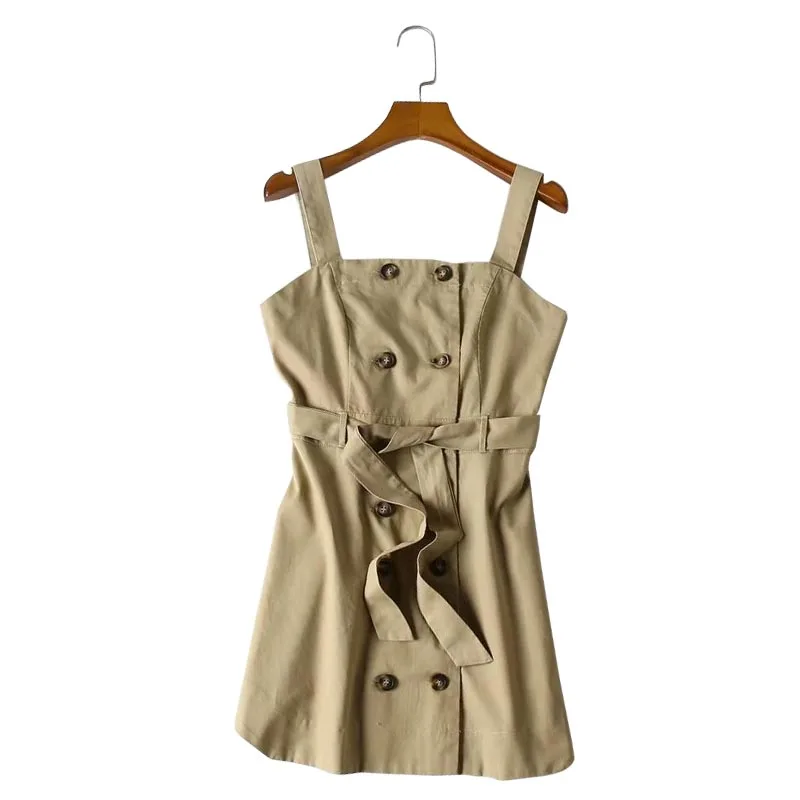 

QZ912 New Arrival Women Double Breasted Cotton Suspender Dress Ladies Brief Casual Mini Vestidos