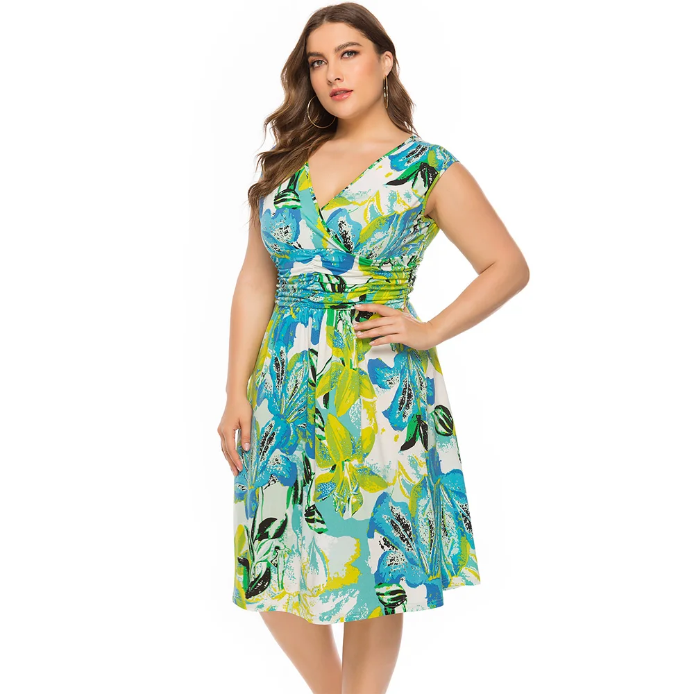 

Wipalo Plus Size Floral Print Holiday Dress Women Summer Sleeveless High Waist Boho Style Beach Dress New Female A-Line Vestidos