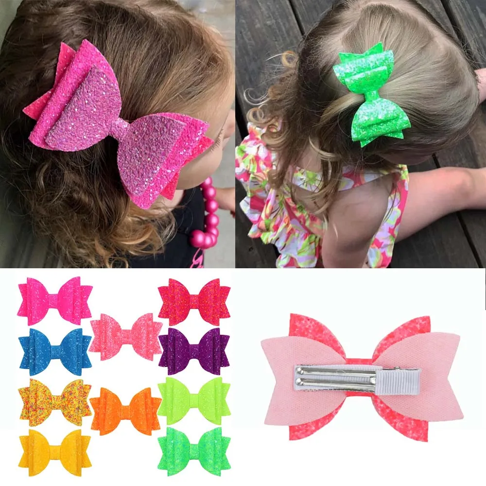 

3''Neon Hairbows For Girls Colorful Glitter Three Layers Swallowtail Hair Clips Neon Color Mini Hairpins Party Hair Accessories