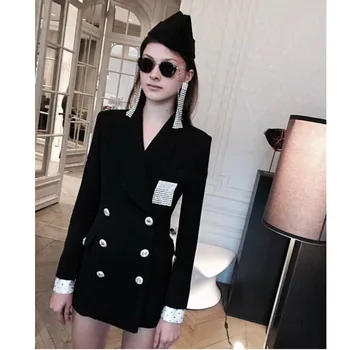 

2019 autumn winter new black crystal button double-breasted temperament slim suit long section small suit jacket women's jacket