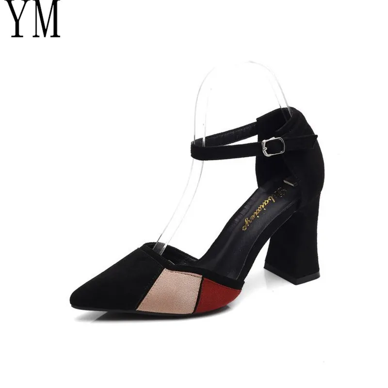 

Fashion Lady Thick Heel Sandals Color Matching Pointed High Heels 8CM Wild Word Button Pointed Toe Shoes Female high heels 34-39
