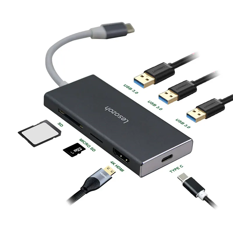 Lesozoh USB 3,0 концентратор многопортовый usb-адаптер 3 USB 3,0 порт с адаптером type-C для MacBook, Surface Pro Компьютерные аксессуары usb-концентратор